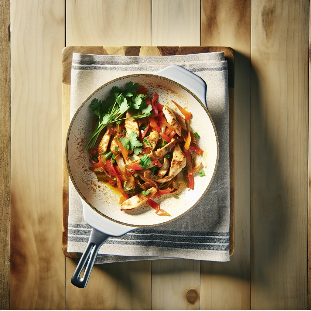 Colorful vegetable stir-fry with red peppers, broccoli, and chicken in a white skillet.