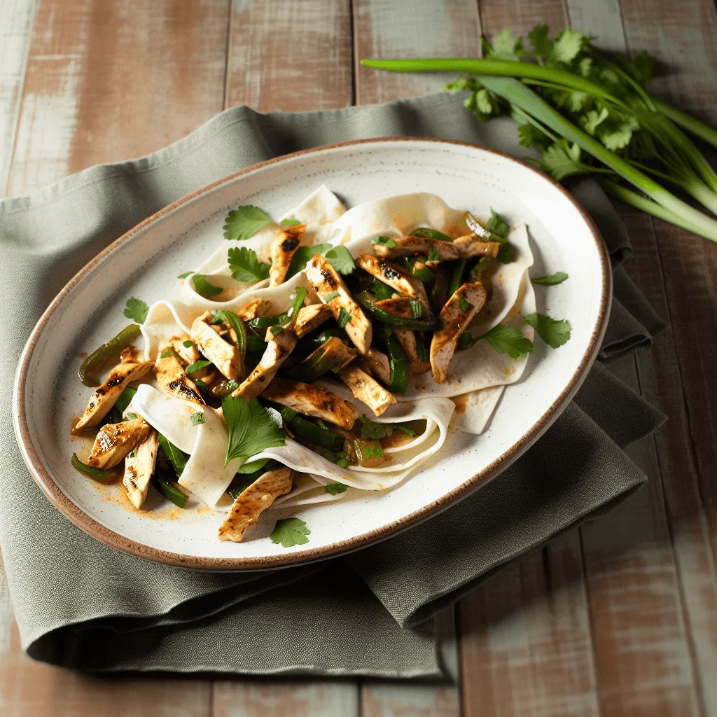 Delicious grilled chicken with rice noodles and fresh vegetables on a white plate.