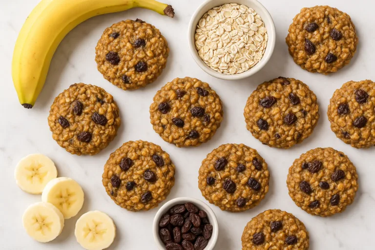 Freshly baked oatmeal banana cookies with chocolate chips, oats, and bananas on a white background.