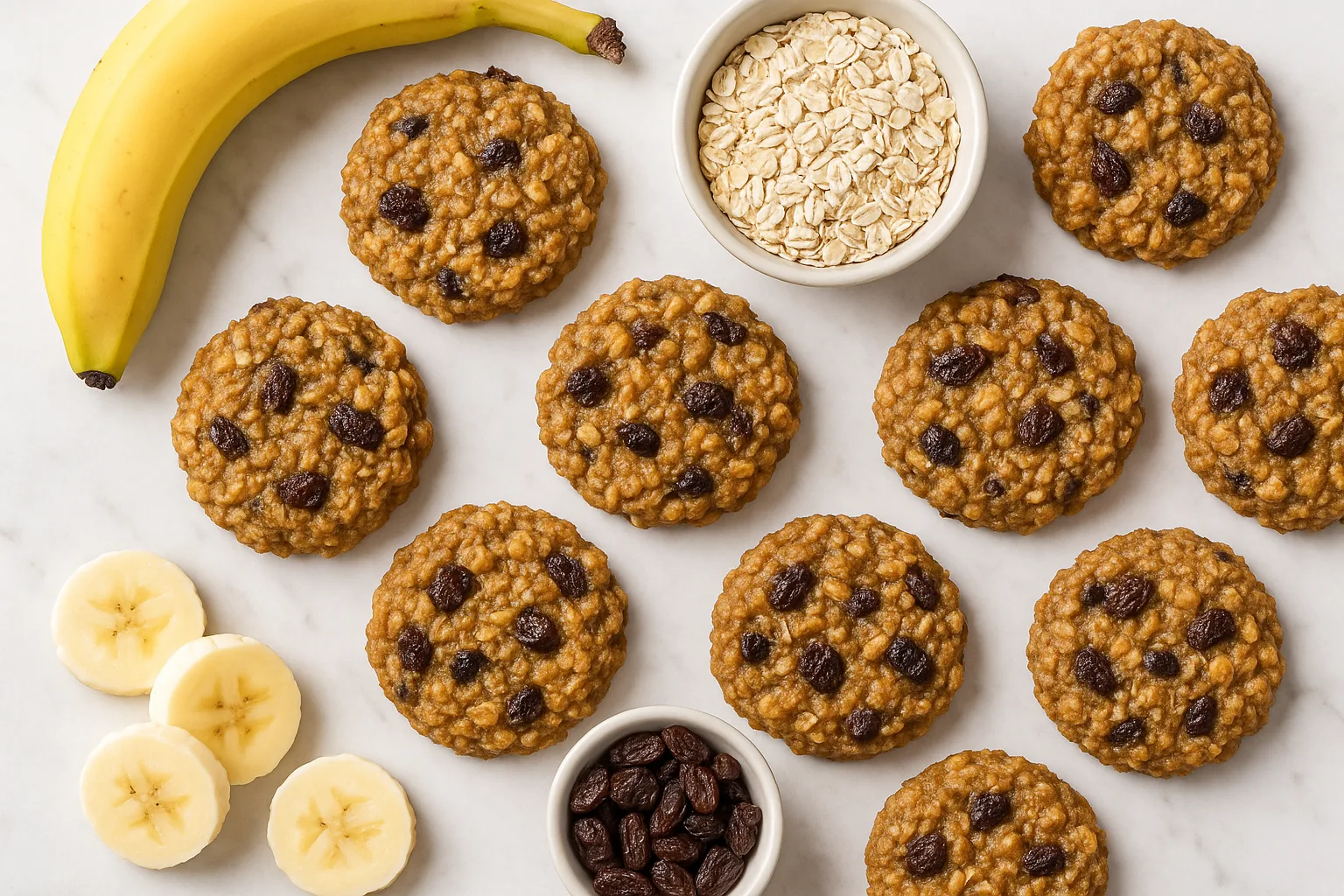 Freshly baked oatmeal banana cookies with chocolate chips, oats, and bananas on a white background.