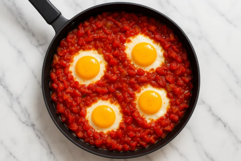 Eggs cooked in spicy tomato sauce in a black skillet.