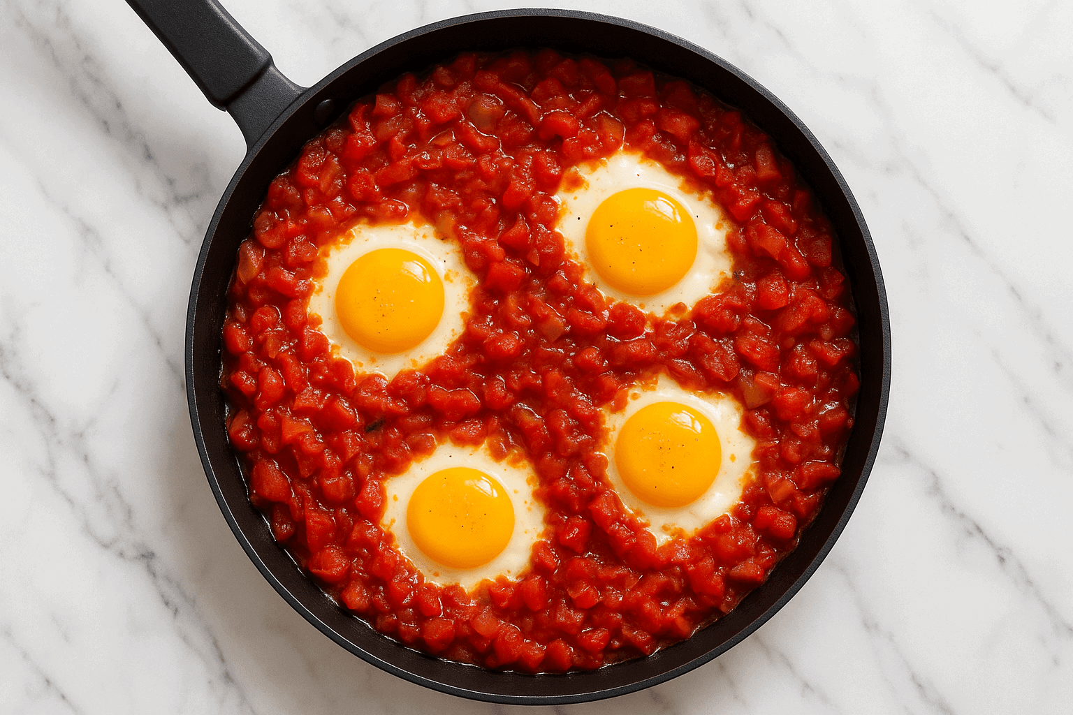 Eggs cooked in spicy tomato sauce in a black skillet.