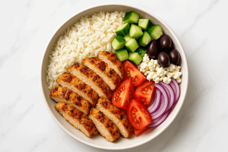 Healthy grilled chicken with rice, cucumber, olives, tomatoes, red onion, and feta cheese in a bowl.