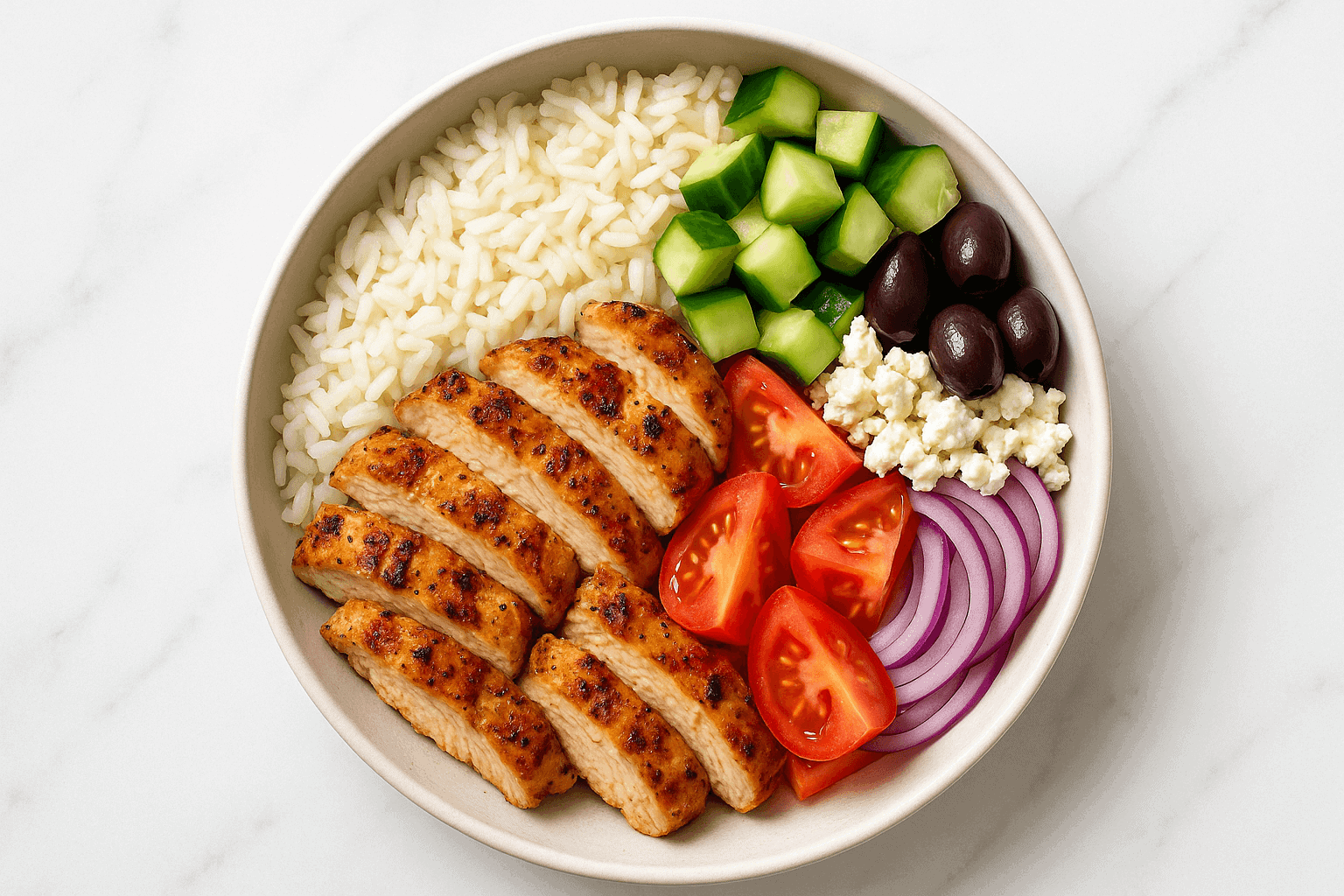 Healthy grilled chicken with rice, cucumber, olives, tomatoes, red onion, and feta cheese in a bowl.